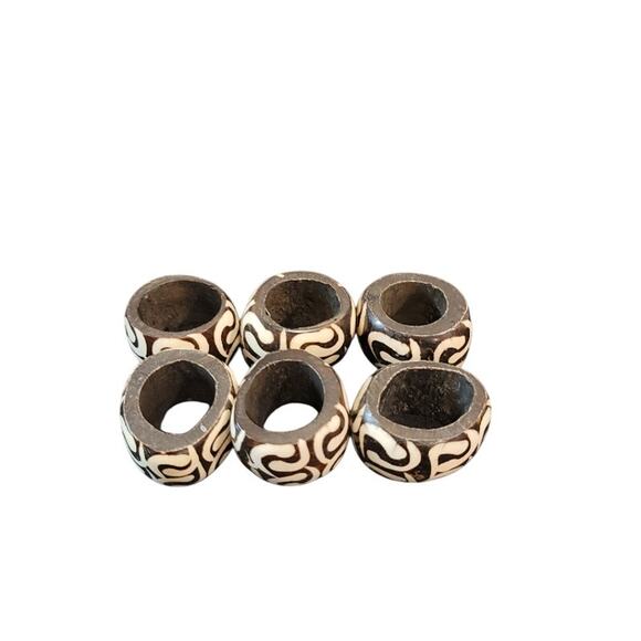 African Bone Napkin Ring Tribal Design Boho Brown Cream Heavy Set of 60 - Picture 2 of 7